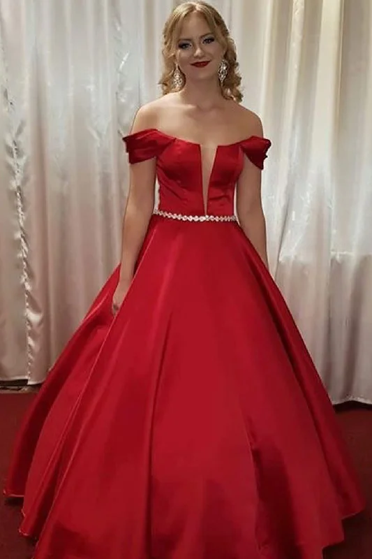 casual summer dressPrincess Off Shoulder Beaded A-Line Red Long Prom Dress