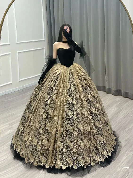 chic dressVintage / Retro Gold Black Printing Ball Gown Corset Backless Floor-Length / Long Prom Formal Y7157