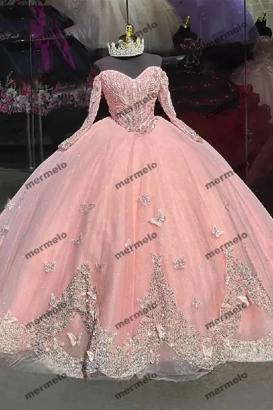 casual midi dressGlittering Pink Quinceanera Dresses Off-Shoulder Long Sleeves Butterfly Appliques Princess Birthday Party Vestidos