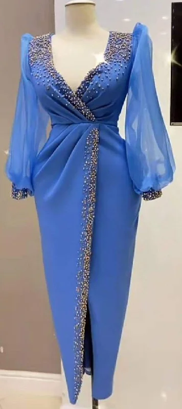 casual midi dressRetro Style Blue Lantern Sleeves Prom Dress Classy Blue Evening Dress Y5680