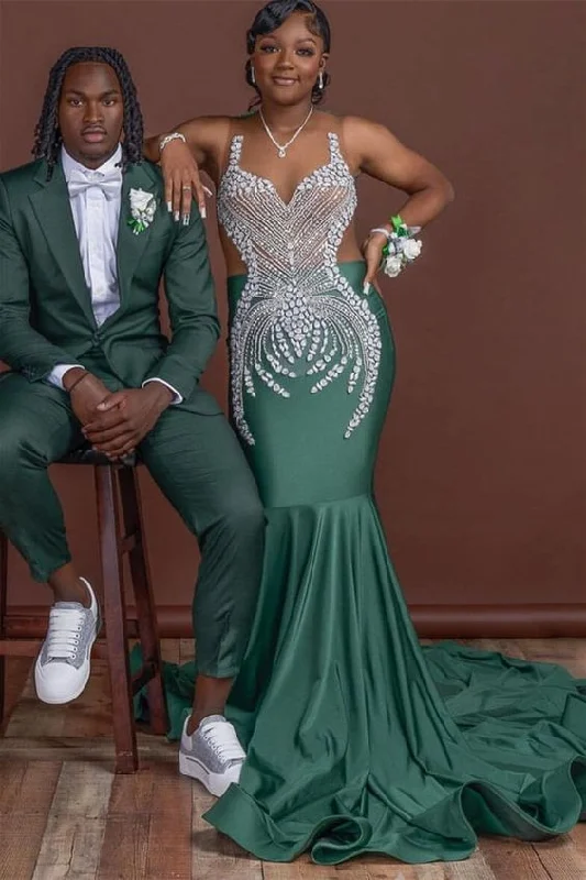 elegant dressDark Green Sleeveless Mermaid Prom Dress with Scoop Neck and Crystal Embellishments