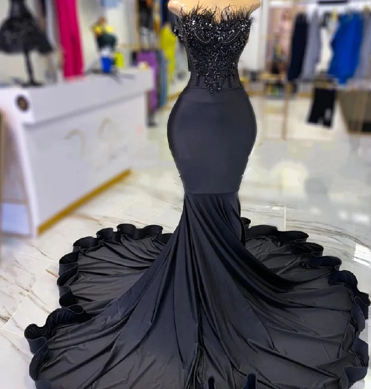 flowy evening dressElegant Strapless Long Prom Dress For Black Girls Beaded Crystal Birthday Party Dresses Feathers Evening Gowns Mermaid Lace