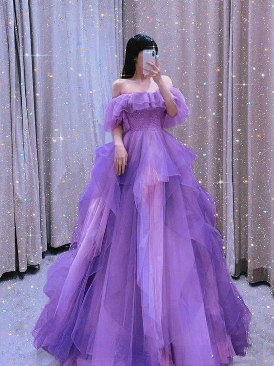 A-line dressOff The Shoulder Purple A-line Tulle Evening Dress,Princess Dress Y5627