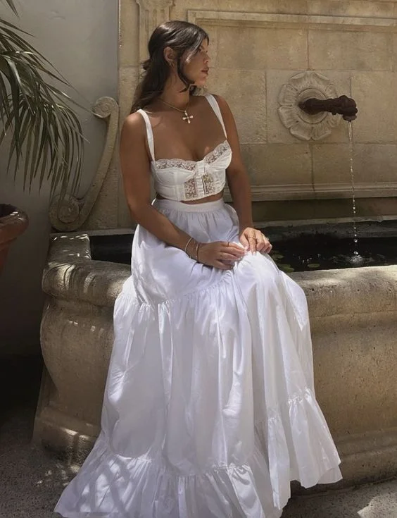 casual slip dressElegant Two Piece White Prom Dress,White Formal Gown Y7038