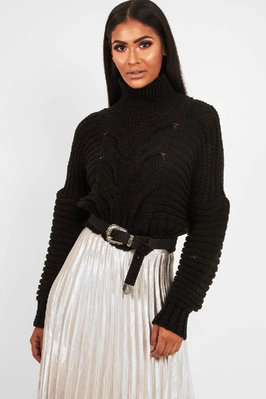 trendy pullover for womenBlack Cable Knit Sleeve Detail Jumper - Miyonna