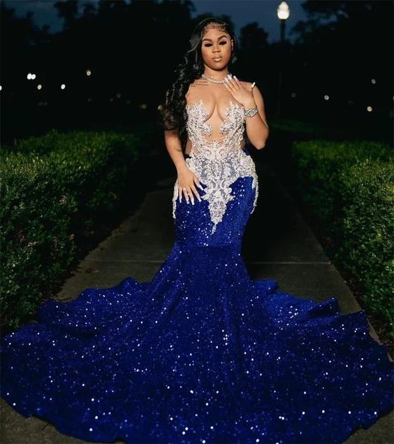 ashionable dressRoyal Blue Sequins Mermaid Evening Dress With Sheer Neck Plus Size Formal Evening Occasion Gowns Y6358