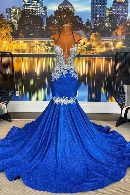 vintage dressHalter Beautiful Royal Blue Mermaid Prom Dress With Appliques