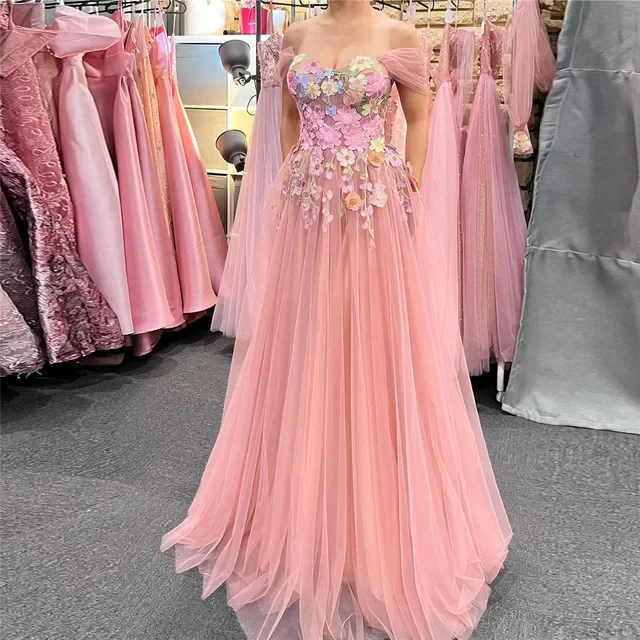 floral dressFairy Pink Prom Dress Tulle Off The Shoulder 3D Flowers A-Line Ruched Party Growns Princess Floor Length Abendkleider