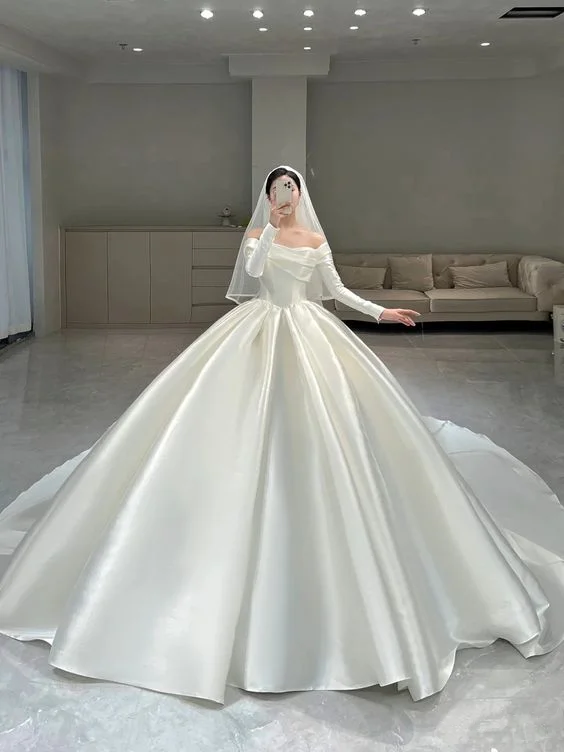 wrap dressModest White Satin Puffy Wedding Dress,White Bridal Gown Y6737