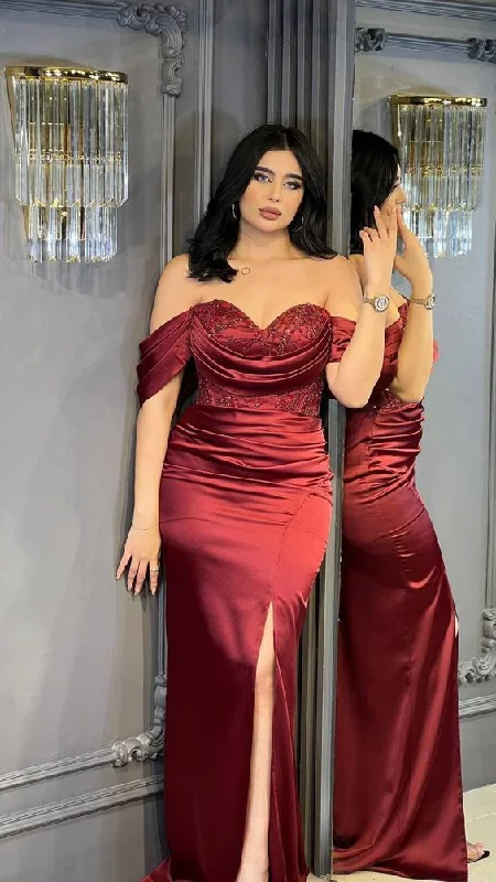 flowy dressOff Shoulder Burgundy High Slit Long Evening Dress,Custom Mermaid Prom Dress Y6006