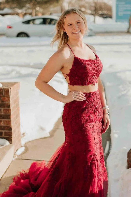 bohemian dressTwo Piece Wine Red Mermaid Prom Dress with Appliques