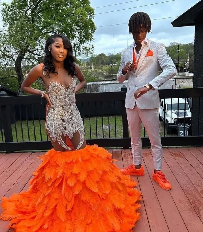 luxury dressElegant Orange Feathers Mermaid Prom Dresses For Black Girls For African Women Sheer Neck Plus Size Formal Evening Occasion