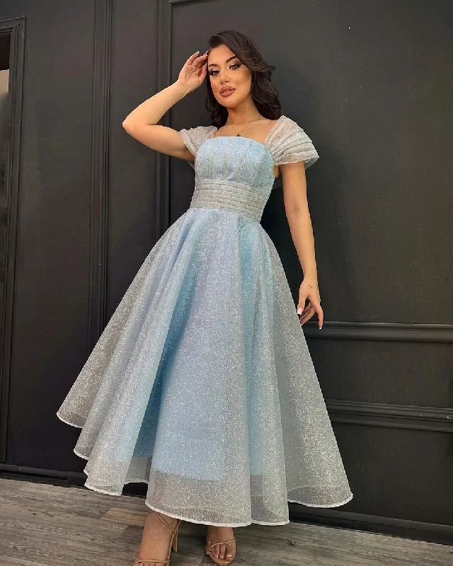 stylish dressSky Blue Shiny Sequins Evening Dresses Arabic Women Off The Shoulder Pageant Tea Length Prom Gowns Formal Party Dress