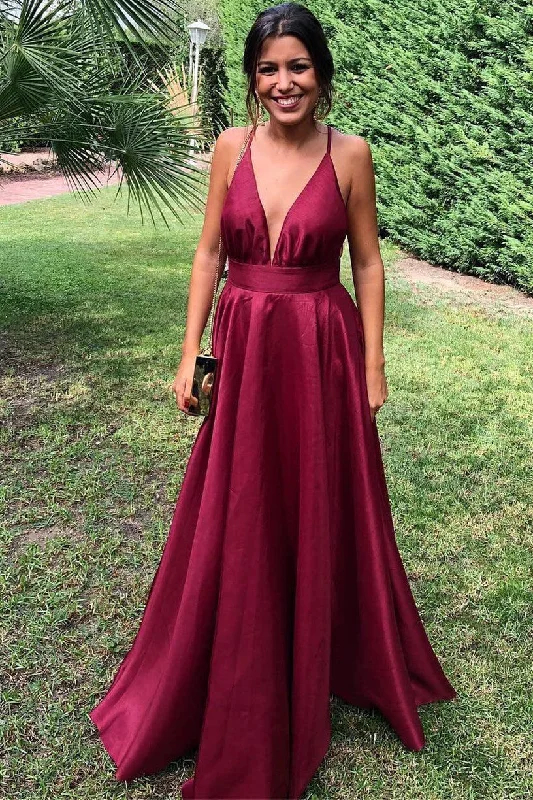 pleated maxi dressGorgeous A-line V Neck Burgundy Long Prom Dress