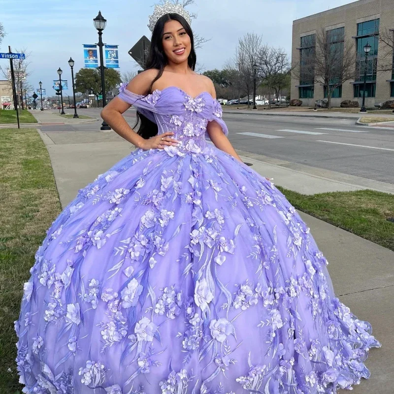 statement dressLavender Princess 3D Flowers Sweetheart Quinceanera Dresses Ball Gown Beaded Lace Tulle Prom Dress Puffy Sweet 15 16 Gown