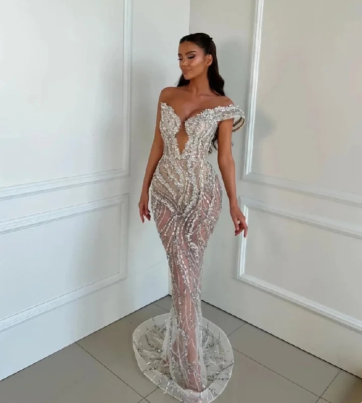 minimalistic dressSexy Illusion Deep V-neck Cocktail Dresses Sparkly Beads Crystal Evening Dress Luxury Mermaid Long Prom Gown Robe De Mariée