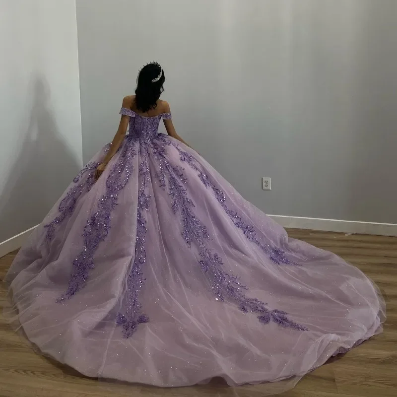 vintage-inspired dressLavender Shiny Quinceanera Dresses Ball Gown 2024 Sequins Off Shoulder Beaded Sweet 16 Dress Lace-up Vestidos De 15 Años