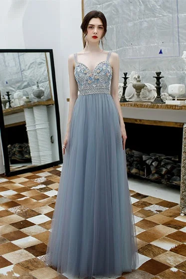 summer dressSpaghetti Straps Embroidery Smokey Blue Tulle Prom Dress