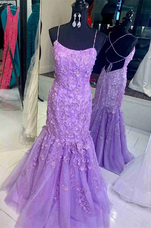 high-waisted dressStraps Lavender Lace Appliques Mermaid Prom Dress