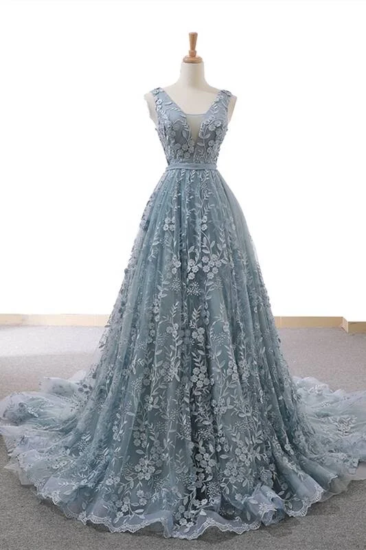 sleek midi dressGorgeous A-line Grey Lace Appliques Long Prom Gown