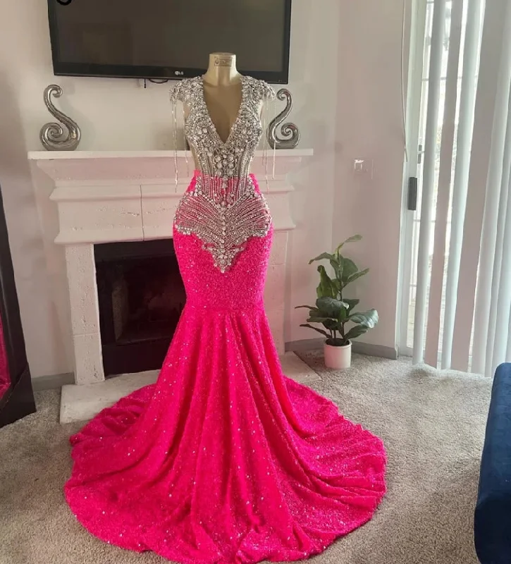 casual dressGlitter Diamonds Fuchsia Mermaid Prom Dress 2024 Crystal Rhinestone Beading Sequins Gown For Black Girls Birthday Party Dress