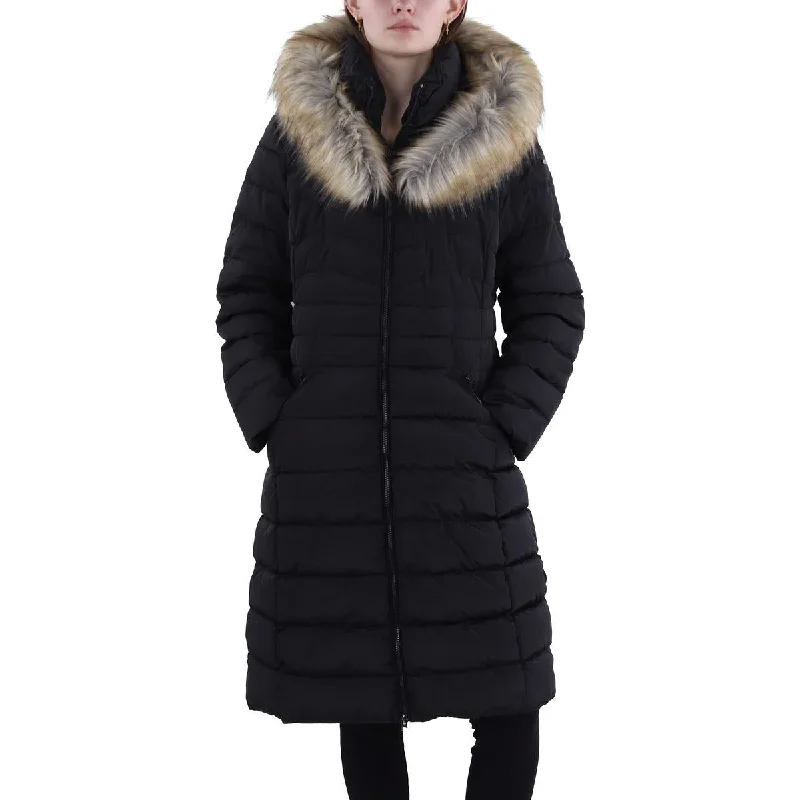 lightweight winter coatWomens Faux Fur Trim Hooded Puffer Jacket