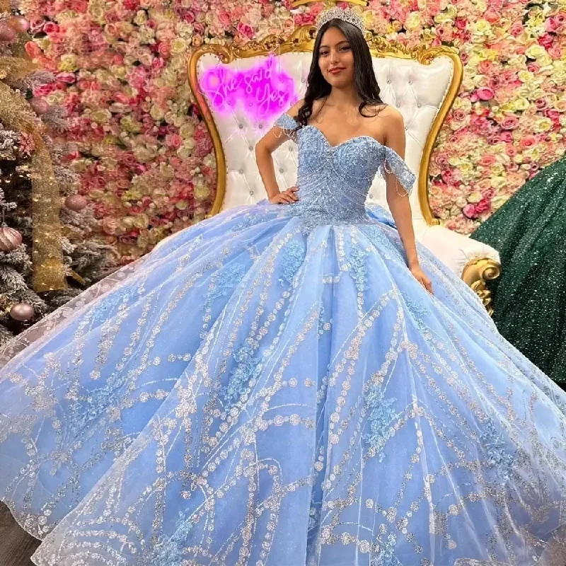 chic slip dressGlitter Blue Sky Quinceanera Dresses for Prom Gowns Sweetheart Beading Vestidos De 15 Anos Big Bow Tie Sweet 16 Robes