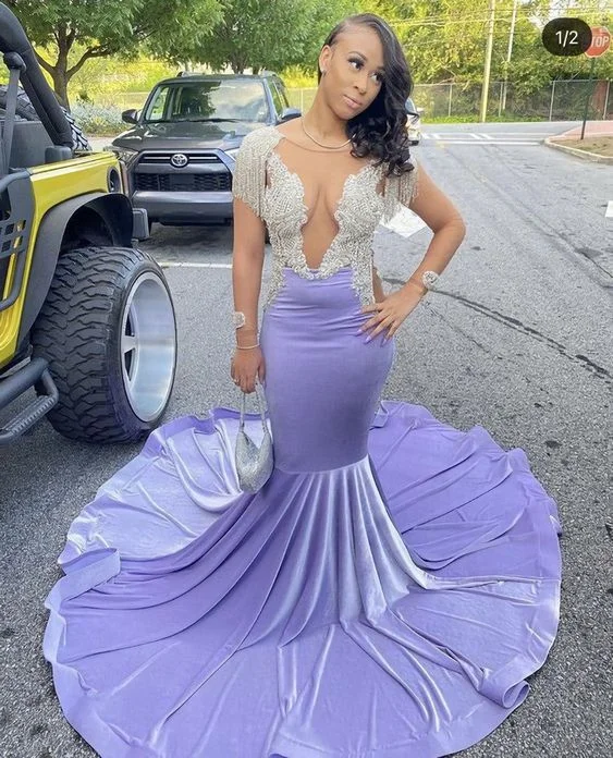 satin dressShinning purple mermaid prom dress with train