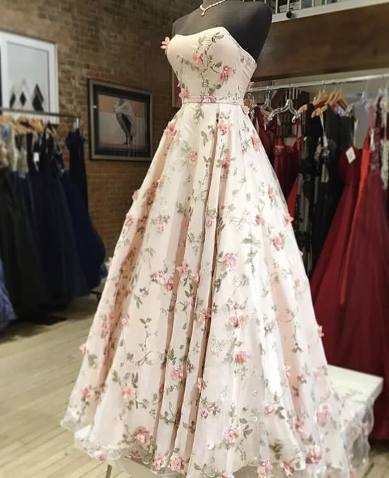 casual midi dressStunning Strapless A-line Floral Prom Dress,Winter Formal Gown Y6905