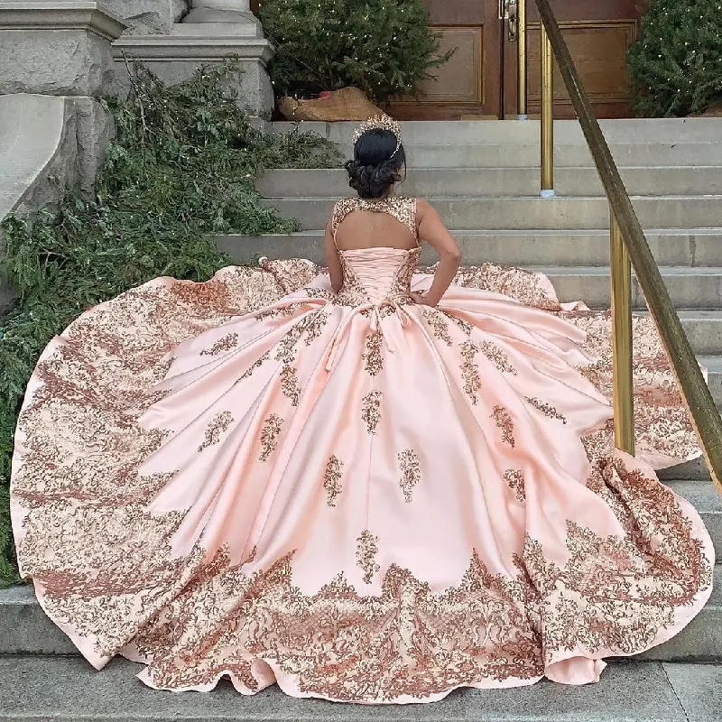 modern dressRose Gold Quinceanera Dresses Sequin Applique Satin Vestidos De 15 Años Rojos Princess Ball Gown Debutante Quinceanera Dress