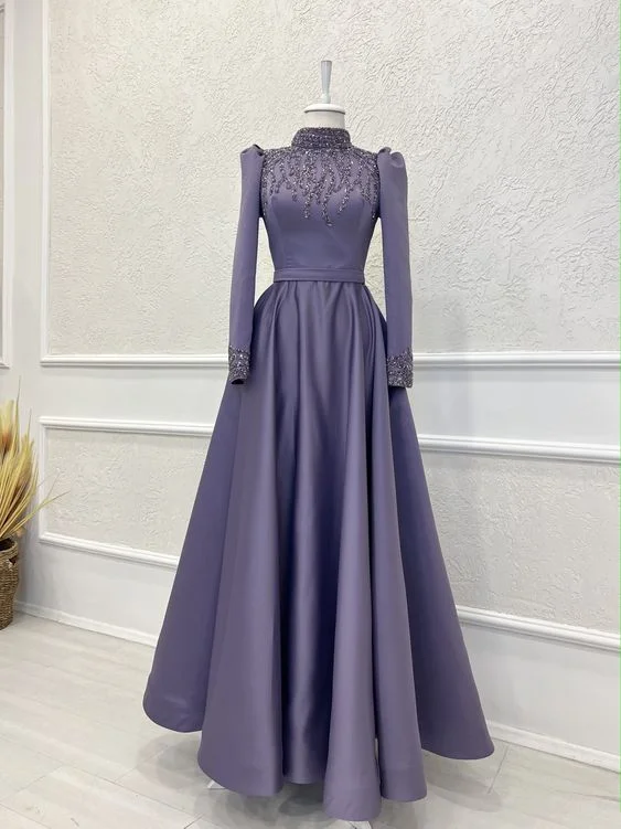 sophisticated dressModest Purple A-line Long Sleeves Prom Dress,Muslim Dress  Y7207