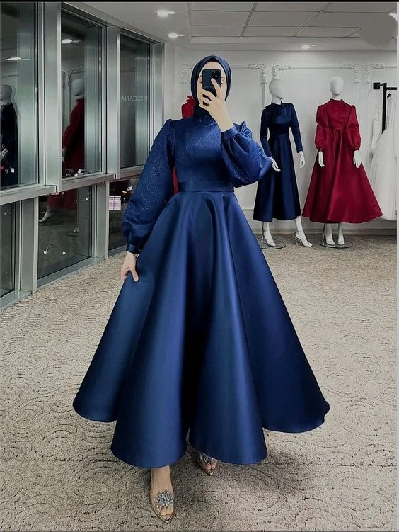 romantic dressModest Navy Blue A-line Satin Prom Dress,Muslim Dress Y6983