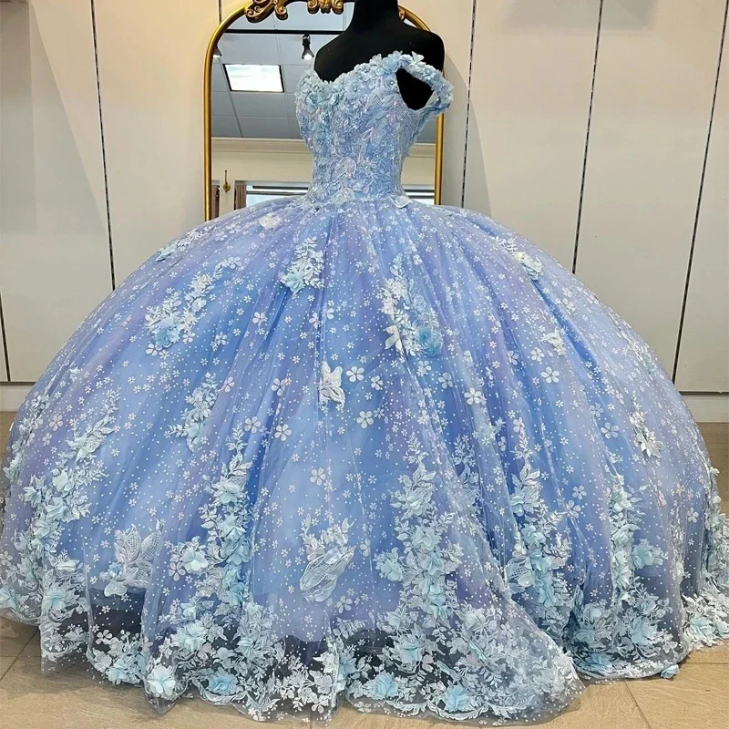 layered dressSky Blue Quinceanera Dresses Sleeveless Crystal Sequined Ball Gown Off The Shoulder 3D Flowers Tull Corset Vestidos Para XV 15