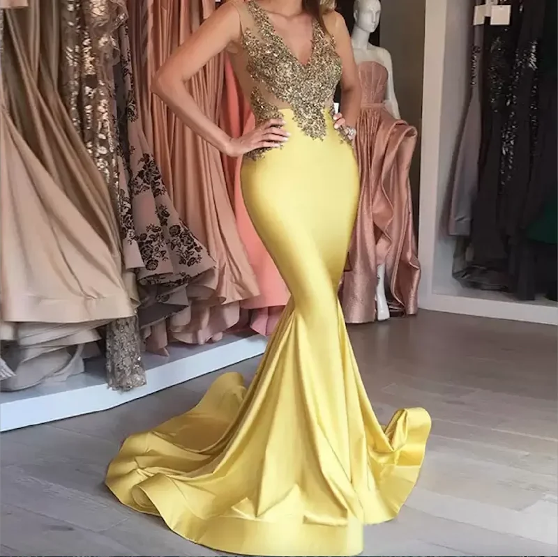 casual knit dressFashion Lemon Yellow Evening Dresses Deep V-neck Golden Sequins Sleeveless Sexy Prom Stunning Sweep Trian Mermaid Party robe