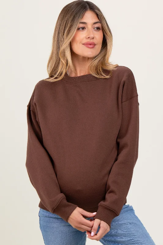 breathable gym hoodieBrown Basic Fleece Crewneck Maternity Sweatshirt