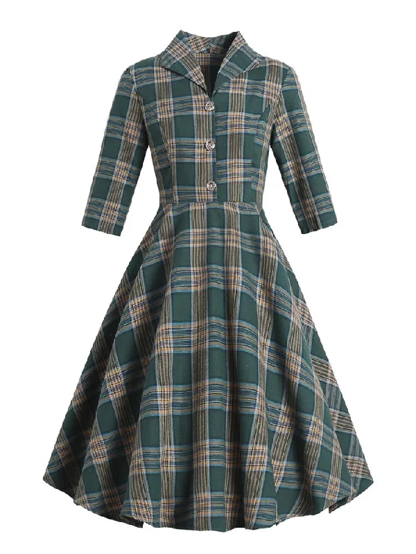 cocktail dressBerriesJam - 2024 Tonval Turn-down Collar Button Up Green Plaid Dress