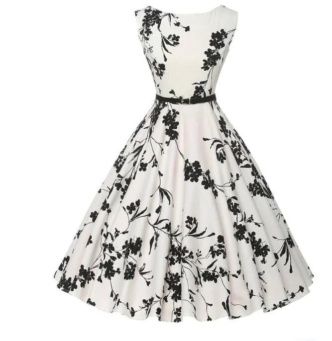 silk dressBerriesJam - O-Neck Audrey Hepburn Vintage Floral Print Dress