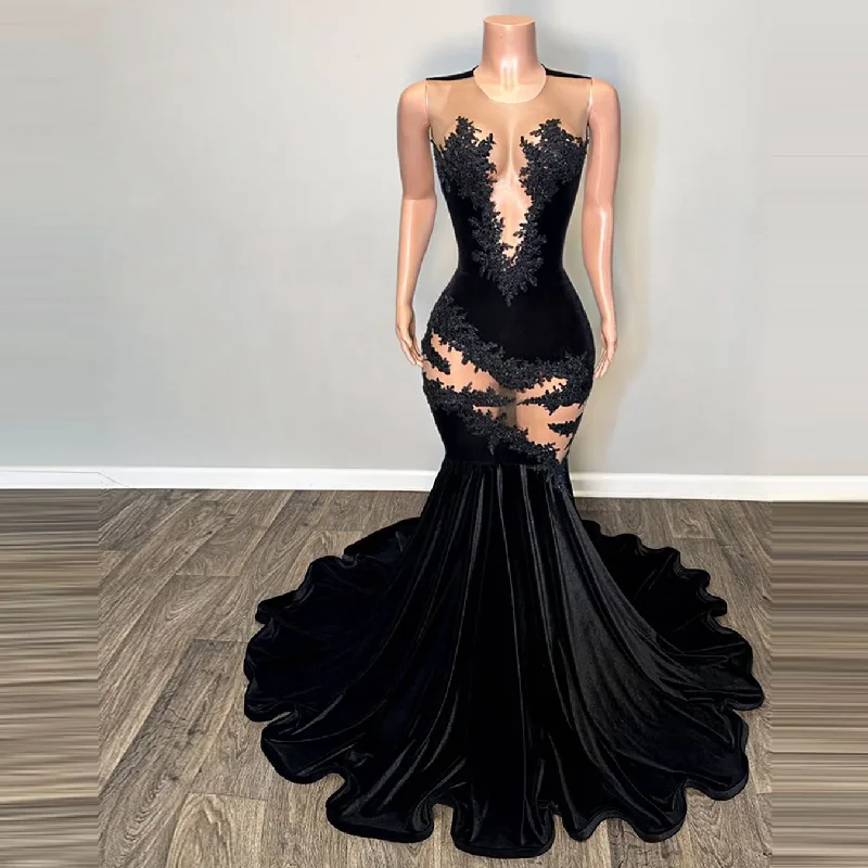 summer floral dressElegant Black Velvet Mermaid Evening Gowns See Thru Mesh Appliques Lace Prom Dress Aso Ebi Black Girls Party Dress Custom Made