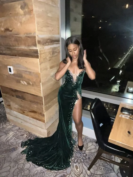 t-shirt dressGreen Velvet Prom Dress African Mermaid Evening Dress With Slit Y6480