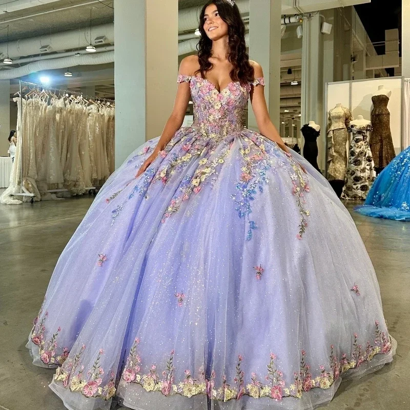 party-ready dressLavender Shiny Quinceanera Dresses Ball Gown Off Shoulder Applique Flowers Puffy Sweet 16 Dress Celebrity Party Gowns Graduation