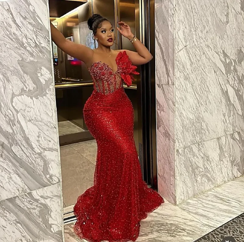 elegant shift dressCouture Luxury Red Beaded Lace African Long Maxi Dresses Floral Beaded One Shoulder Mermaid Aso Ebi Formal Party Dress