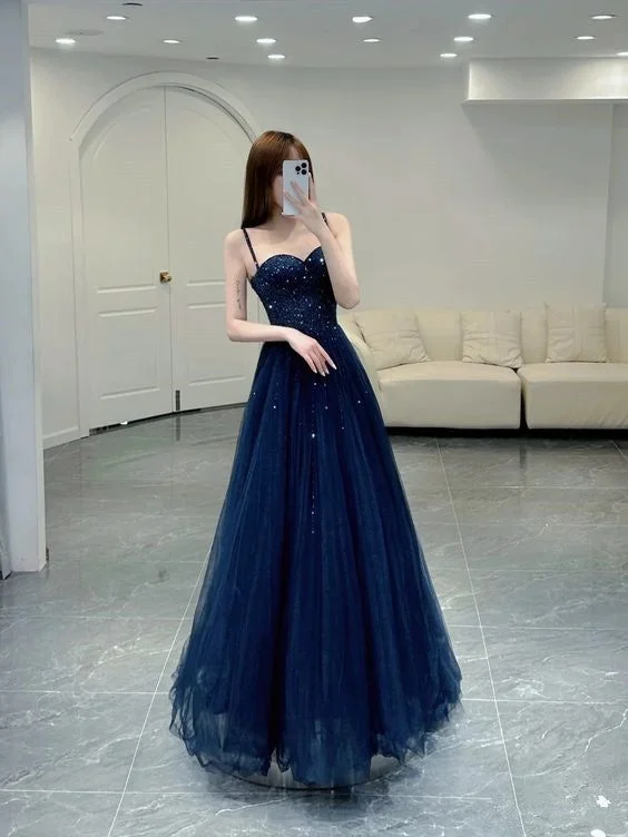 evening dressElegant A line Straps Tulle Navy Blue Prom Dresses Formal Evening Dress Y6776