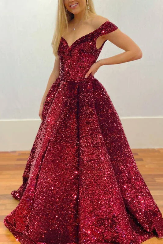 summer floral dressSparkle Off the Shoulder Burgundy Sequined Long Ball Gown