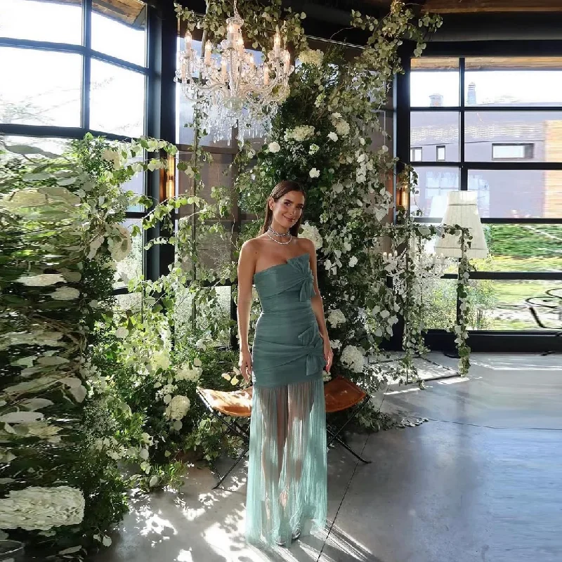 A-line dressTurquoise Green Strapless Bow Banquet Party Dresses Pleated Sheer Tulle Formal Dress Floor Length Long Sleeveless Prom Gowns