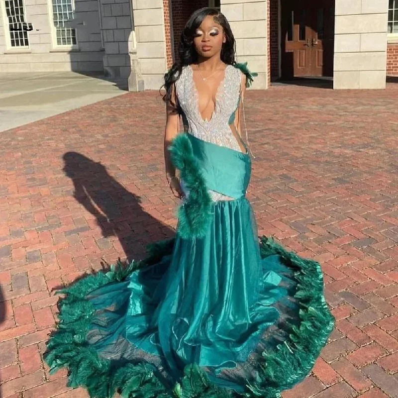 off-shoulder dressLuxury Green Mermaid Long Mermaid Prom Dress 2024 Silver Beading Crystals Black Girls Party Gown Aso Ebi Evening Dress