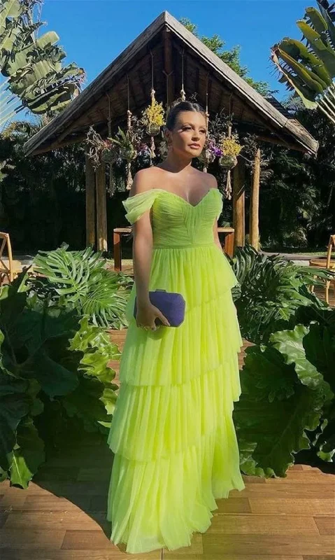 classic fit-and-flare dressSexy Off Shoulder Prom Dress Elegant Fluorescent Green A-line فساتين السهرة Grace Multilayer Maxi Vestidos De Noche