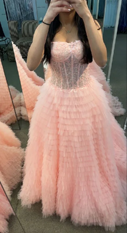 off-the-shoulder dressPink Strapless Ball Gown Prom Dress with Sheer Lace Corset Bodice and Ruffle Skirt Y6688