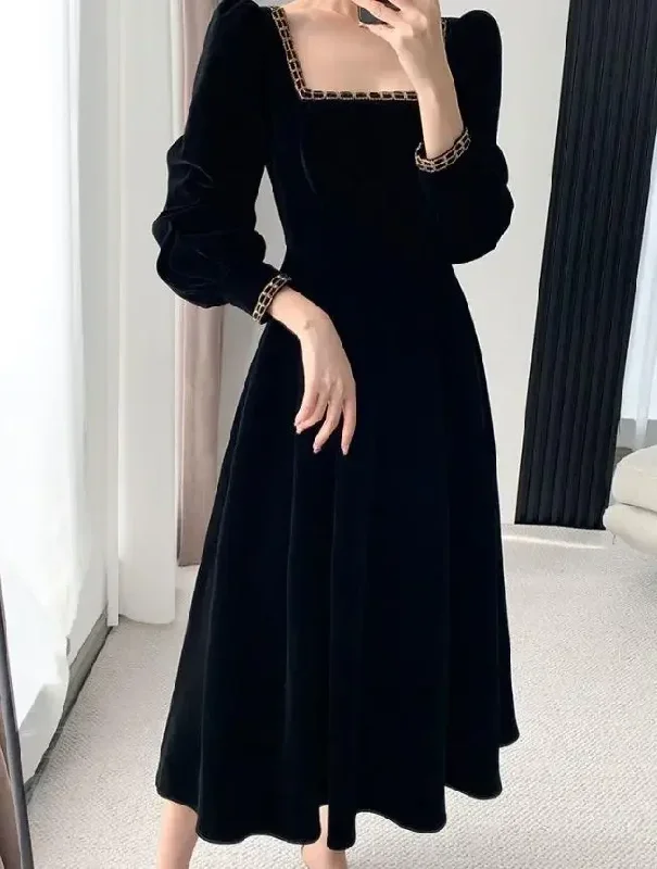 office dressVelvet Dress Women Long Sleeve Square Neck Elegant Bodycon Patchwork Fashion Evening Dress Y6744