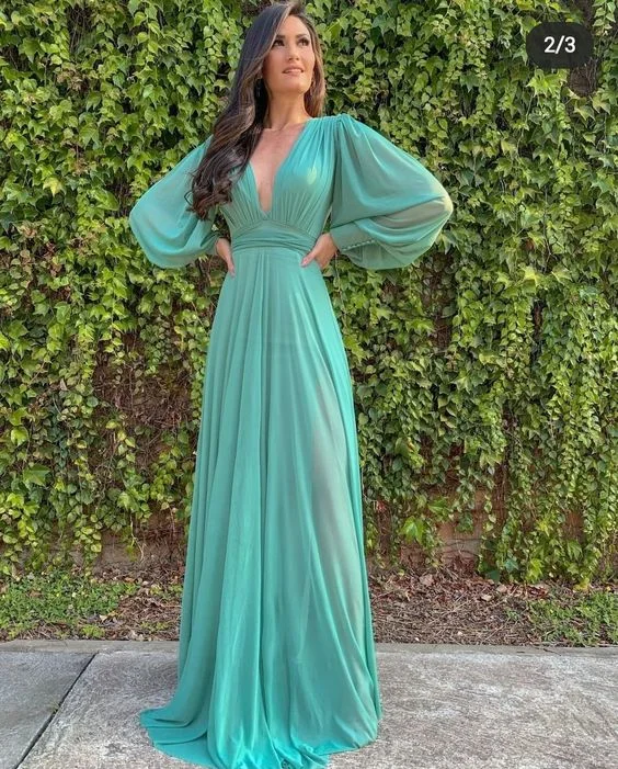 chic dressLong Sleeves Deep V Neck Chiffon Long Evening Prom Dress Y7198