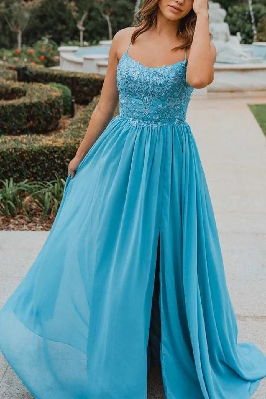 casual day dressBlue A-line Appliques Chiffon Long Prom Dress